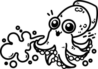 Wall Mural - cartoon squid shooting ink, hand-drawn in line art style. vector illustration, isolated for easy use