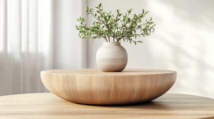 Poster - A minimalist wooden bowl with a small vase and plant, enhancing a serene interior space.