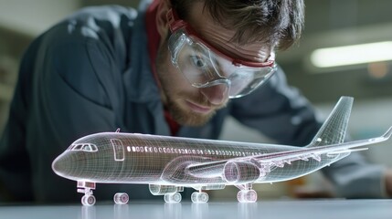 Poster - A man examines a holographic airplane model, showcasing technology and design innovation.