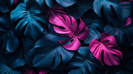 Poster - A close up of a bunch of leaves with blue and pink flowers
