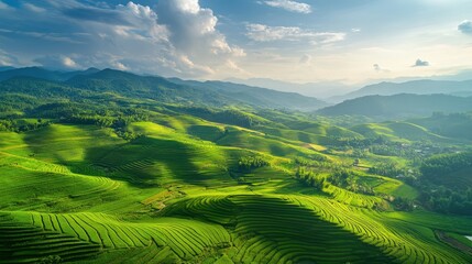 A panoramic aerial shot of terraced farmland on rolling hills, with crops arranged in beautiful, intricate patterns, and the sky providing a large area for copy space