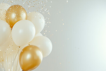 A sleek, minimalist design featuring gold and white balloons with subtle sparkles along the edges ith copy pace