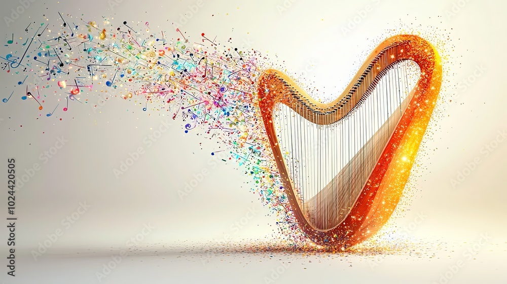 Image showcasing Depicting a colorful harp dissolving into ethereal clusters of musical ...