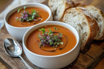 Two bowls of creamy tomato soup with fresh bread on wooden table