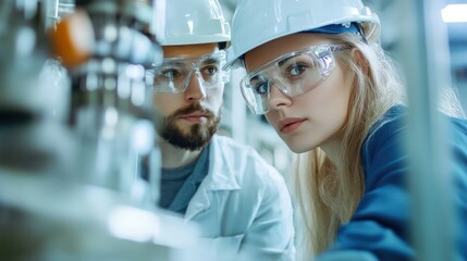 Poster - Two professionals in safety gear examining equipment in an industrial setting.