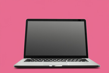 Laptop in pink and gray on white . computer work business concept. w stands on a gray with a laptop and pink technology. a w stands on a gray with pink lifestyle technology.