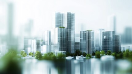 Poster - A modern cityscape featuring sleek skyscrapers and greenery amidst a misty atmosphere.