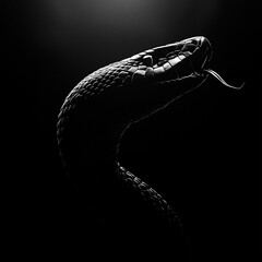 A striking high contrast black and white silhouette of snake, showcasing its intricate scales and poised form. image evokes sense of mystery and elegance, capturing essence of this fascinating creatur