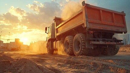 Dump truck driving through dusty construction site during sunset