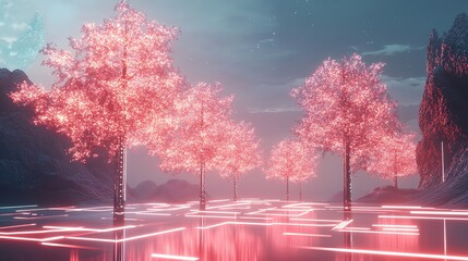 Wall Mural - a glowing, neon forest with pink trees and a futuristic landscape.