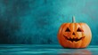 © Corri Seizinger - Happy Halloween celebration party holiday concept greeting card - Cool funny carved pumpkin, isolated on bright blue table background