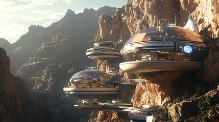 Wall Mural - futuristic homes built into the side of a rocky mountain.