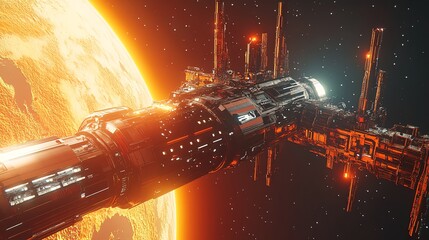 Wall Mural - a futuristic spaceship flies past a fiery, glowing planet.