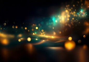 Aufkleber - Abstract background of blurry lights and sparkles in gold, blue, and green hues.