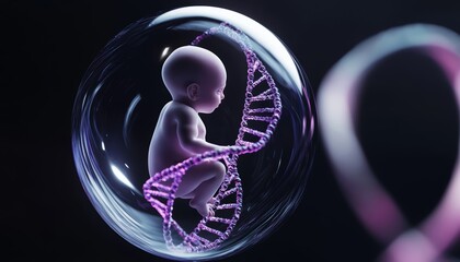 a human fetus inside a clear, futuristic bubble, with a vibrant, neon-colored dna double helix encir