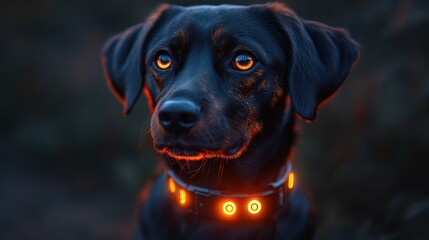 Wall Mural - A black dog with a glowing orange collar, looking intently at something off-camera.