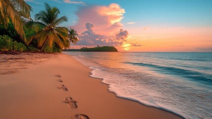 Poster - A beach with a palm tree in the background and a sunset in the distance