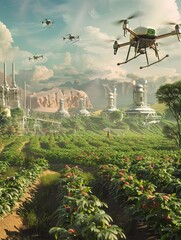 Aufkleber - Drones and AI robots are actively monitoring crops on a high-tech farm, enhancing agricultural practices in a dynamic landscape. Generative AI