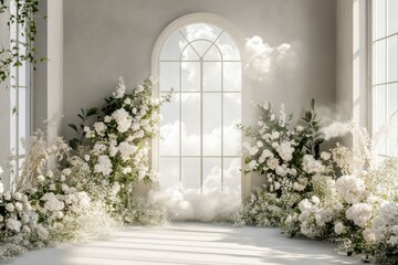 Wall Mural - A large window with a view of the sky and a room full of white flowers