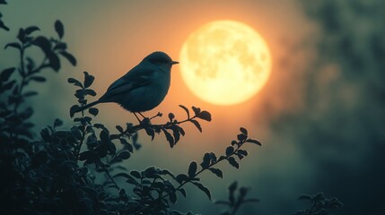 Wall Mural - a small bird perches on a branch silhouetted against a large, glowing moon.