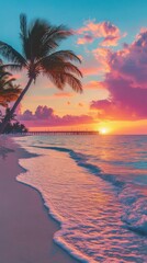 Poster - A beautiful beach scene with a palm tree and a sunset in the background