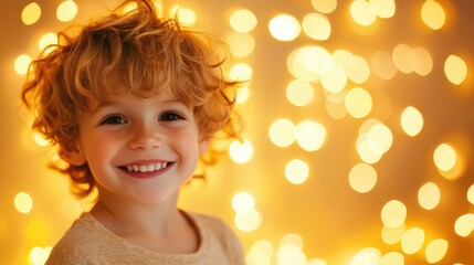 Sticker - A joyful boy beams with happiness as he stands in front of a decorated Christmas tree adorned with twinkling lights