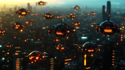 Poster - A futuristic cityscape with hovering drones illuminating the urban skyline.