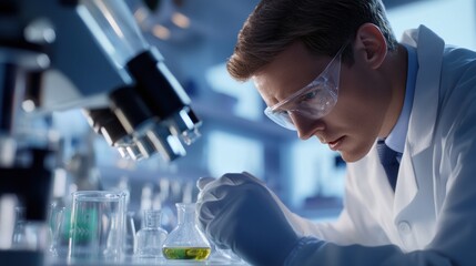 Poster - A scientist examines a green liquid in a laboratory setting, showcasing research and experimentation.