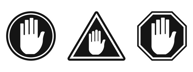 Poster - stop black sign hand icon warning not allowed street symbol limitation danger trespassing website rules risk
