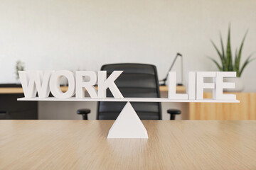 work life balance concept with seesaw on office desk with empty chair