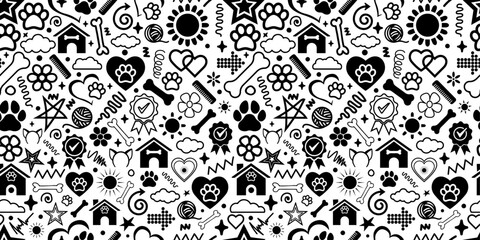 Enargetic doodles seamless pattern pet dog cat theme silhoutte vector texture fabric textile paper print packaging wrapping background wallpaper