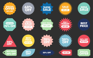 Poster - Colorful sunburst price stickers vintage label badge with discount text tag shopping promotion shapes announcement