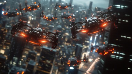 Poster - A fleet of futuristic drones flying over a cityscape at night.
