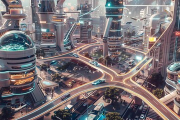 Leinwandbilder - In a bustling metropolis, self-driving cars navigate intelligently while drones monitor traffic in a tech-enhanced cityscape. Generative AI