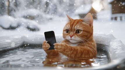 A cat relaxing in a bath while using a smartphone in a snowy environment.