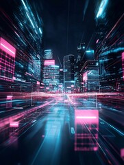 Poster - futuristic urban landscape, ai integration, digital society, neon holograms
