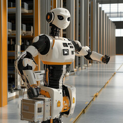 Warehouse Automation: A futuristic robot stands in a modern warehouse, ready for work. The image evokes a sense of efficiency, innovation, and the future of logistics. 