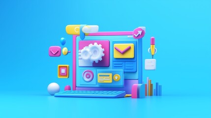 Poster - colorful digital workspace with abstract elements representing technology, communication, and creati