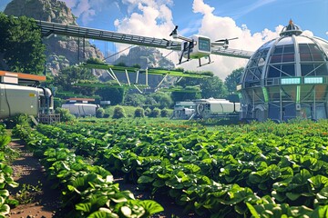 Aufkleber - Robots and drones equipped with sensors optimize agricultural practices while monitoring crop growth in a cutting-edge farm environment. Generative AI