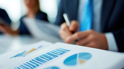 Poster - A close-up of business charts and a person taking notes during a meeting.
