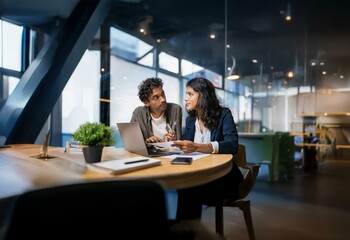 Aufkleber - Two people sit at a table in an office, looking at each other, with a laptop open and paperwork.