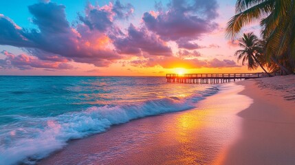 Poster - A beautiful sunset over the ocean with a pier in the background