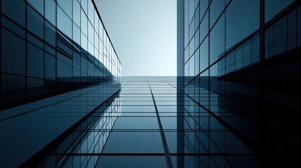 Poster - A dramatic upward view of modern glass buildings reflecting light and sky.