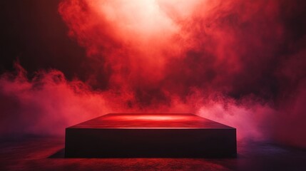 Poster - A minimalist scene with a glowing rectangular platform surrounded by red fog.
