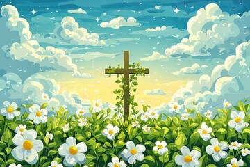 A Wooden Cross Covered in Vines Rising Through a Field of Flowers Under a Blue Sky