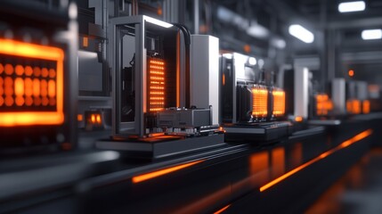 Poster - A futuristic industrial setting with illuminated machinery and technology.