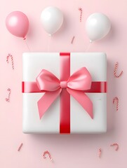 ### Description
A beautifully wrapped gift box with a pink ribbon, surrounded by balloons and candy canes on a soft pink background.