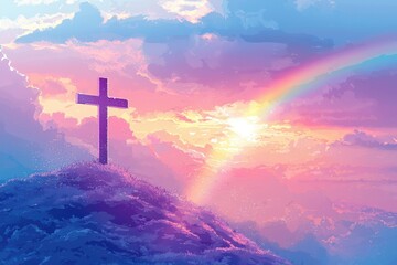 A Cross on a Hilltop with a Rainbow and Sunset Sky