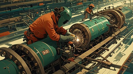 Industrial workers welding machinery in a futuristic factory setting