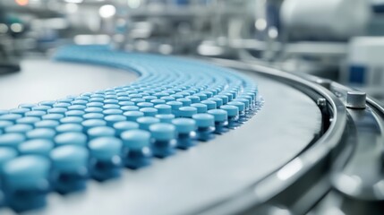 Poster - Conveyor belt with blue vials in a production facility.